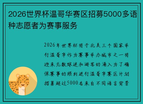 2026世界杯温哥华赛区招募5000多语种志愿者为赛事服务