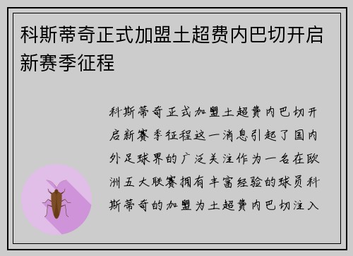 科斯蒂奇正式加盟土超费内巴切开启新赛季征程