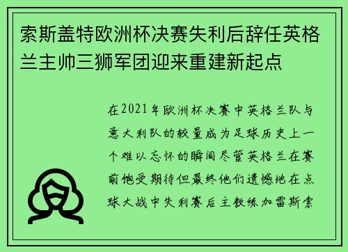 索斯盖特欧洲杯决赛失利后辞任英格兰主帅三狮军团迎来重建新起点